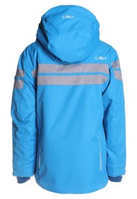 Blauer Winterjacke mit Kapuze, graue reflektierende horizontale Streifen über dem Rücken und den oberen Ärmeln, sowie weißem Logo auf Kapuze und Rücken.
