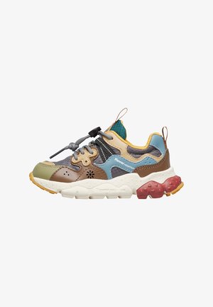 Multicolor chunky sneaker with blue, brown, green, and yellow panels, gray elastic laces, textured sole, and "Flower Mountain" branding on side.