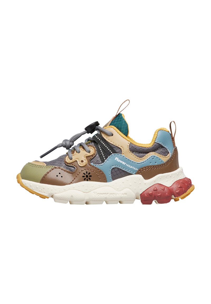 Vícebarevná silná teniska s modrými, hnědými, zelenými a žlutými panely, šedými elastickými šňůrkami, texturovanou podrážkou a označením "Flower Mountain" na boku.