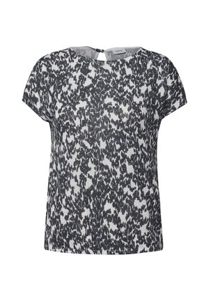 Top de manga corta en un patrón abstracto en blanco y negro, con escote redondo y un pequeño ojal en la parte posterior, hecho de tela ligera.