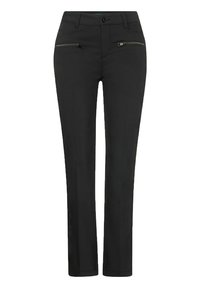 Svarta raka byxor tillverkade av ett slätt tyg, med två fickor fram med dragkedja och en klassisk midja med en enda knappstängning.