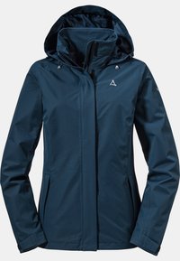 Veste imperméable bleu marine avec capuche, fermeture éclair complète à l'avant, deux poches latérales et sangles ajustables aux poignets.