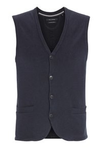 Granatowa kamizelka bez rękawów wykonana z prążkowanej bawełny, z dekoltem w kształcie litery V, pięcioma guzikami i dwiema przednimi kieszeniami. Teksturowana tkanina o gładkim wykończeniu.