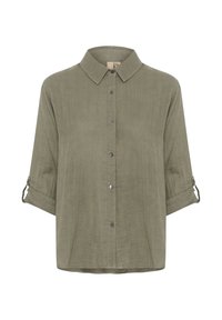 Olive green button-up shirt in lightweight fabric, featuring a collar, long roll-up sleeves with button accents, and a straight hem.