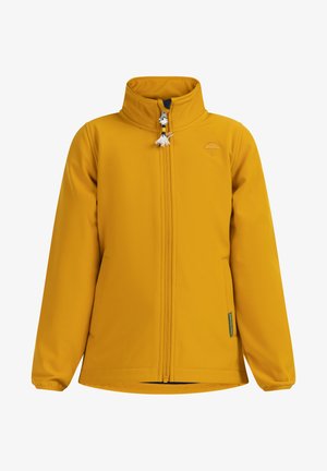 Żółta kurtka z miękkiego materiału, wysoki kołnierz, zamek błyskawiczny, dwa boczne kieszenie oraz małe haftowane logo parasolki. Gładka tekstura, casualowy design.