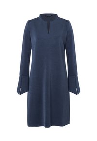 Robe tunique bleu marine avec un décolleté en forme de trou de serrure, manches trois-quarts avec fentes, et une texture lisse et douce. Pas de motifs ou d'accents visibles.