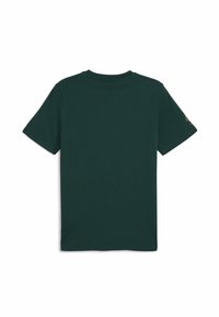 Mørkegrøn kortermet t-shirt lavet af blødt stof. Har rund halsudskæring og en ensfarvet ryg med et lille logo på venstre ærme.