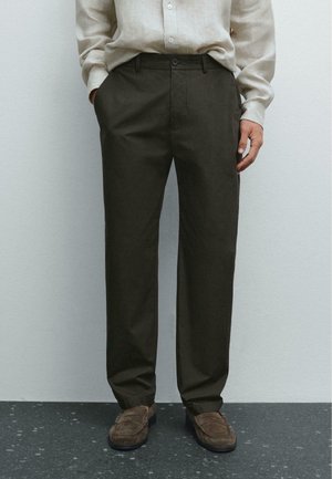Dark brown trousers made of lightweight fabric, featuring a straight-leg design, front pockets, and a smooth finish. Accented with a button closure.