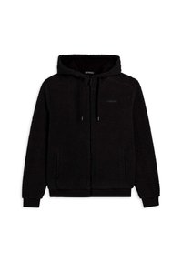 Sudadera con cremallera negra hecha de material de forro polar suave y mullido, con capucha, bolsillos laterales y puños elásticos con un forro interior suave.