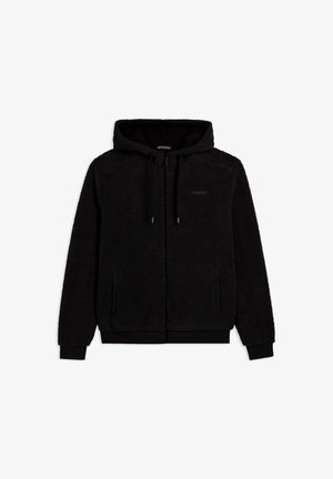 Hoodie zippé noir en matériau polaire doux et moelleux, avec une capuche, des poches latérales et des poignets élastiques avec une doublure intérieure lisse.