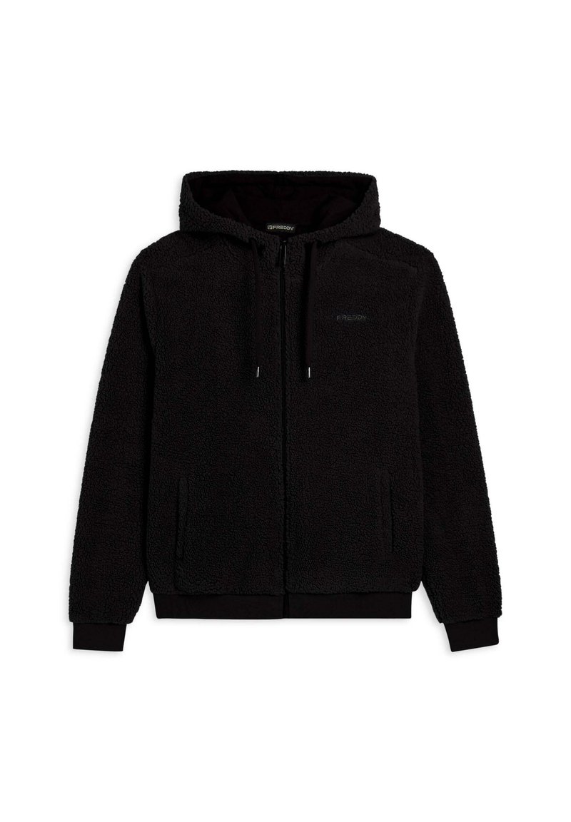 Sudadera con cremallera negra hecha de material de forro polar suave y mullido, con capucha, bolsillos laterales y puños elásticos con un forro interior suave.