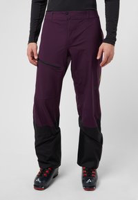 Pantaloni da sci da uomo in viola e nero. Le caratteristiche includono due bottoni, una tasca laterale con zip e una vestibilità larga alle caviglie. Il materiale è morbido e resistente.