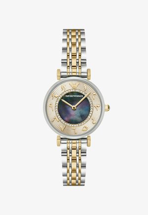 Zweifarbige Silber- und Gold-Armbanduhr mit Perlmuttzifferblatt, goldenen arabischen Ziffern, Kristall-Lünette und metallischem Armband.