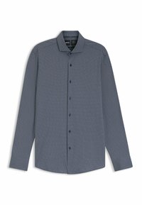 Overhemd met knopen in marineblauw met een subtiel geometrisch patroon. Lange mouwen, klassieke kraag en donkere knopen. Soepele stoftextuur.