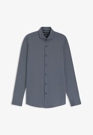Camicia button-up di colore blu navy con un sottile motivo geometrico. Maniche lunghe, colletto classico e bottoni scuri. Texture del tessuto liscia.