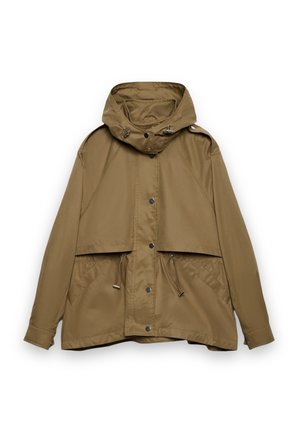 Veste à capuche marron clair avec boutons-pression à l'avant, cordons ajustables à la taille et manches longues avec poignets à boutons.