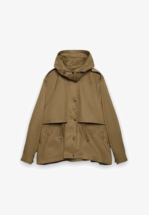 Giacca con cappuccio marrone chiaro con bottoni a pressione sul davanti, coulisse regolabili in vita e maniche lunghe con polsini con bottoni.