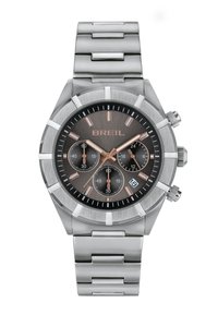 Montre chronographe pour homme en acier inoxydable avec un cadran gris foncé et des accents en or rose, trois sous-cadrans et un affichage de la date à 6 heures.