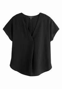Schwarze Bluse mit V-Ausschnitt und kurzen, weiten Ärmeln. Hergestellt aus glattem, leichtem Stoff mit lockerer Passform und abgerundetem Saum.