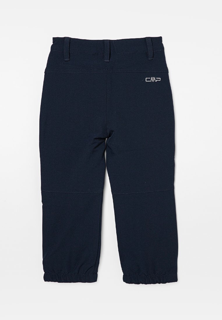 Navyblaue Hose aus elastischem Stoff mit glatter Textur, ausgestattet mit einem elastischen Bund und schmalen Knöcheln. CMP-Logo auf der Rückseite.