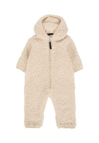 Tuta in pile color crema con cappuccio, caratterizzata da una chiusura con zip e una superficie esterna testurizzata e pelosa. I polsini a costine completano il design.