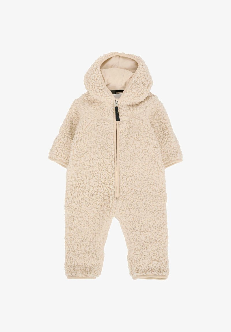 Crèmekleurige fleece onesie met capuchon, voorzien van een rits en een textuur met een fluffy uitstraling. Ribgebreide manchetten maken het ontwerp af.