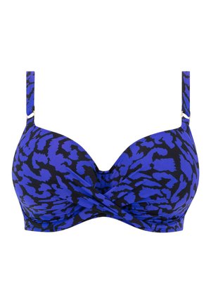 Bikini-top met een blauw en zwart luipaardprint, met een gedraaide voorkant, verstelbare bandjes en ondersteuning door een beugel. Gladde stoftextuur.