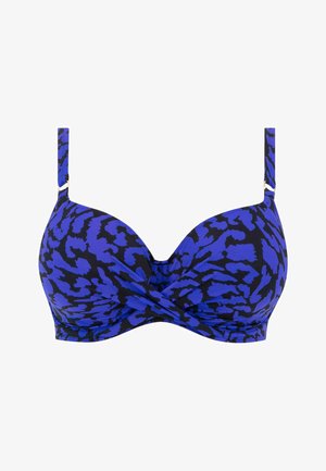 Bikini-top met een blauw en zwart luipaardprint, met een gedraaide voorkant, verstelbare bandjes en ondersteuning door een beugel. Gladde stoftextuur.