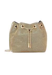 Borsa a secchiello metallica dorata ricoperta di strass, caratterizzata da hardware dorato, occhielli e chiusura a cordoncino con catena. Superficie testurizzata.