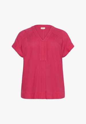 Ružičasti kratki rukavić od lagane tkanine, s V-izrezom i suptilnim pregibom sprijeda. Jednostavan, širok kroj.