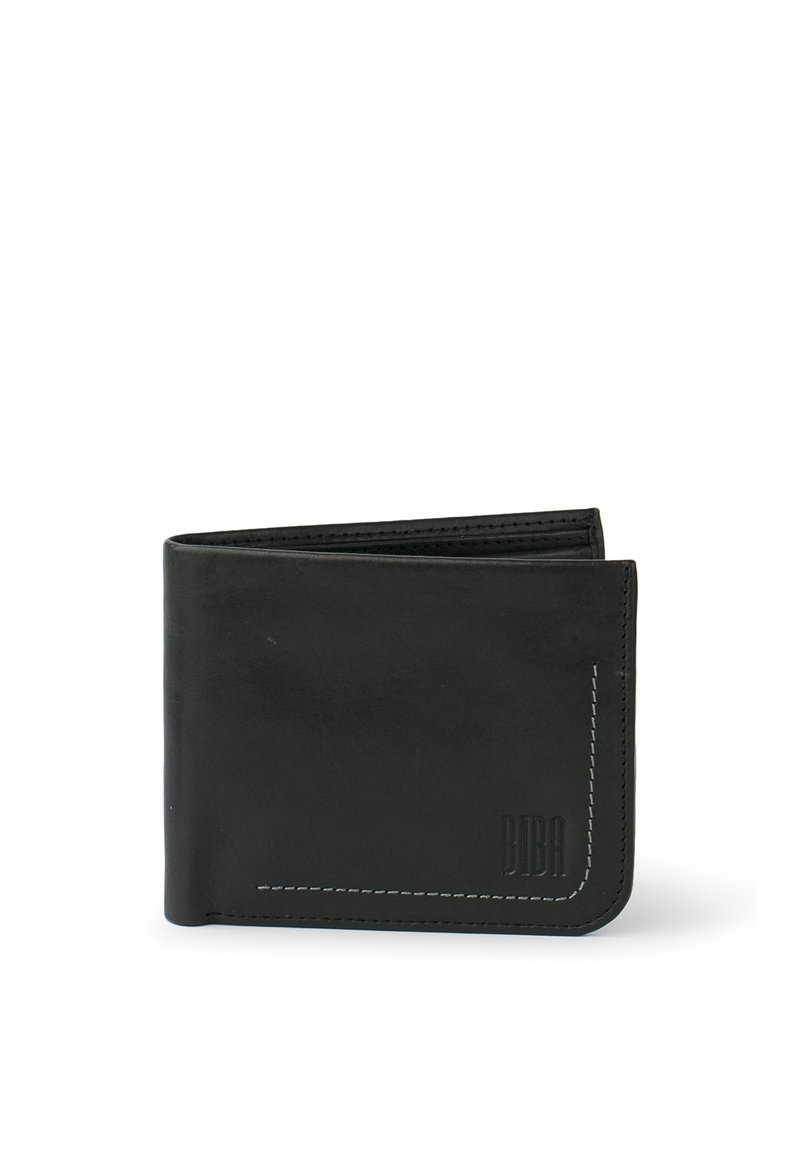 Portefeuille en cuir noir avec logo embossé, coutures blanches, design bi-fold, texture lisse et courbes subtiles. Dispose de fentes pour cartes à l'intérieur.