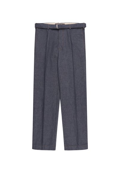 Dark blue denim trousers with a relaxed fit, featuring a belt loop waistband, two front pockets, and visible stitching details.