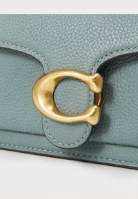 Leren tas in zacht blauw met een gestructureerde afwerking. Voorzien van een opvallende gouden sluiting met een circulair ontwerp en subtiele stikselaccenten.