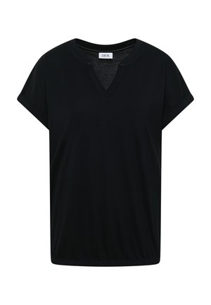 Blusa nera da donna a maniche corte con scollatura tonda a intaglio e polsini risvoltati, tessuto leggero e etichetta con la scritta "CECIL" all'interno del colletto.