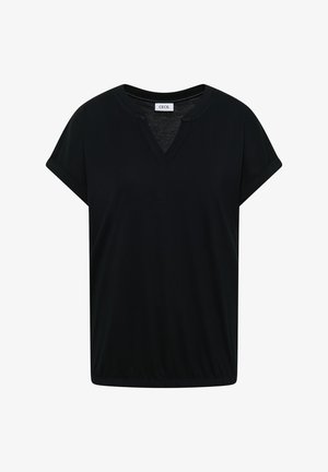 Black short-sleeve women's blouse with round notch neckline and folded cuffs, lightweight fabric, and label reading "CECIL" inside collar.