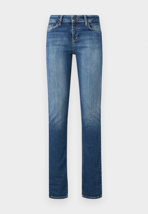 Siniset, kapeat farkut, joissa on etutaskut, vyölenkit, napillinen sulkeminen ja hillitty kulutusefekti reisissä ja polvissa.