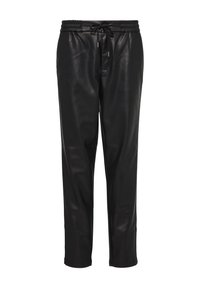 Zwarte leren broek met een elastische tailleband, verstelbare koord en tapered fit. Gladde textuur zonder zichtbare patronen of hardware.