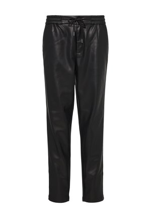Schwarze Lederhosen mit elastischem Bund, verstellbarem Kordelzug und schmalem Schnitt. Glatte Textur ohne sichtbare Muster oder Beschläge.