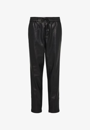 Zwarte leren broek met een elastische tailleband, verstelbare koord en tapered fit. Gladde textuur zonder zichtbare patronen of hardware.