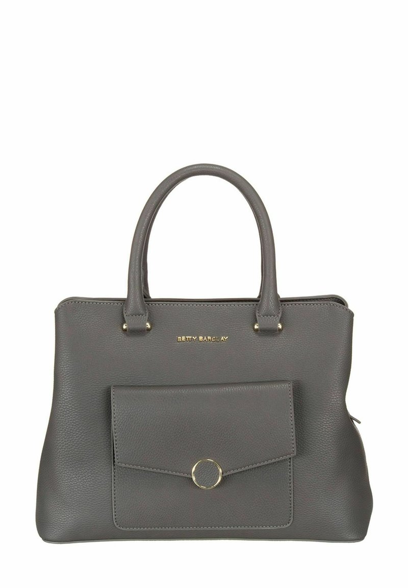 Sac à main en similicuir gris à texture lisse, doté de deux poignées, d'une poche à rabat avant, d'accents métalliques dorés et d'un logo embossé.