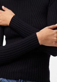 Μαύρο ριγωτό τοπ με μακριά μανίκια και εφαρμοστή γραμμή. Η υφή είναι λεία με έντονες κάθετες ρίγες και ψηλή λαιμόκοψη.