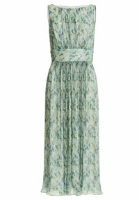 Robe sans manches en chiffon longue jusqu’au sol, avec une taille froncée, présentant un motif floral vert et bleu sur fond clair.