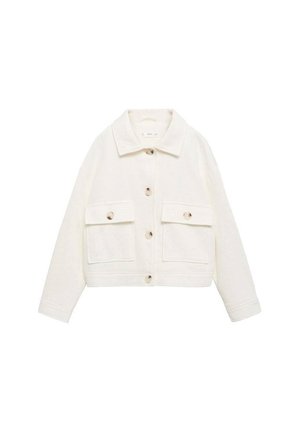 Off-weiße, kurz geschnittene Jacke mit langen Ärmeln, großer vorderer Knopfleiste, zwei Klappentaschen mit Knöpfen und spitzem Kragen.