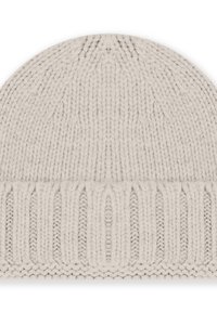 Berretto lavorato a maglia in grigio chiaro. Caratterizzato da un motivo testurizzato con bordo a costine. Materiale morbido e caldo, cima arrotondata e vestibilità flessibile.