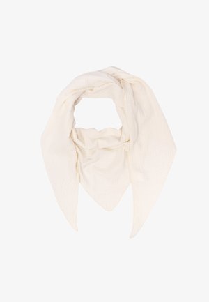 Schal in Cremefarbe, hergestellt aus leichtem Material, zeichnet sich durch eine strukturierte Oberfläche und eine dreieckige Form mit spitzen Enden aus.