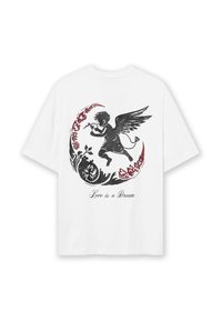 White short-sleeve t-shirt featuring a black and red graphic of an angel with wings, surrounded by floral elements and the text "Love is a Dream."