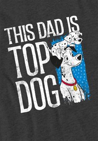 Gray t-shirt featuring cartoon Dalmatians and text "THIS DAD IS TOP DOG" in bold white letters against a blue background with dotted texture.