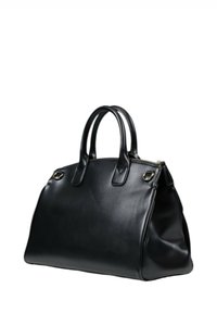 Black leather handbag with dual top handles, zip closure, and smooth texture. Features gold hardware accents and a structured shape.