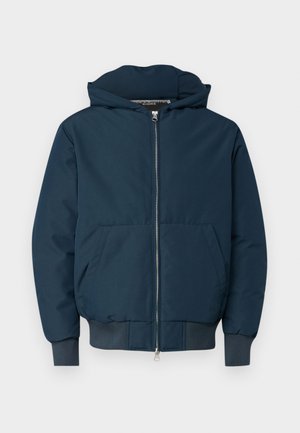 Casaco acolchoado azul-marinho com capuz, fecho éclair frontal, dois bolsos grandes e punhos elásticos; feito de um tecido suave e durável.