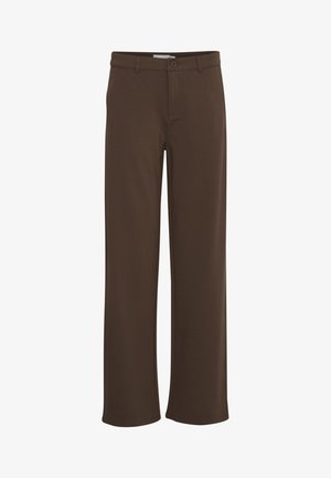 Brown, wide-leg trousers made from a smooth fabric. Features a front button closure and belt loops. Plain design with no patterns.